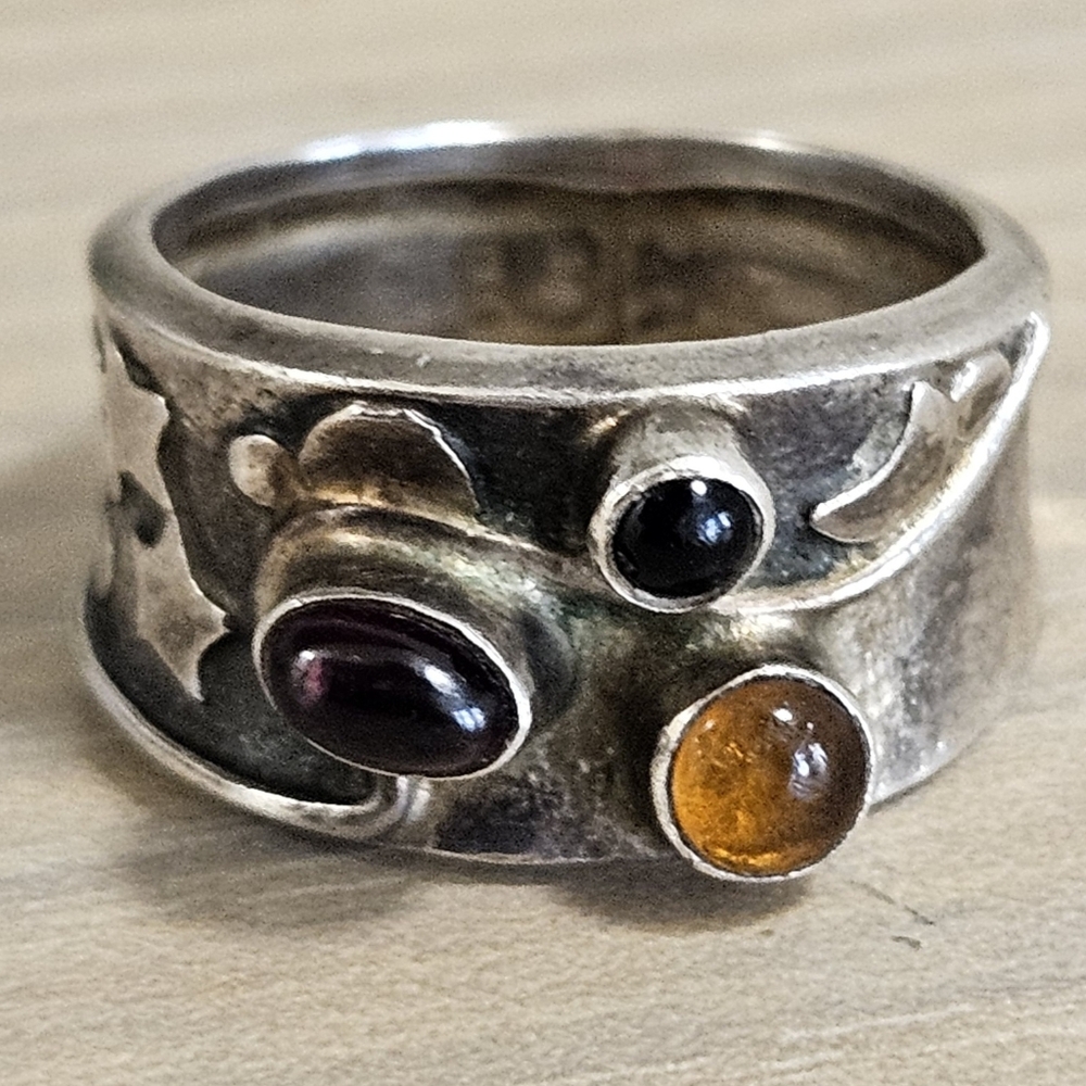 VINTAGE STERLING SILVER GENUINE GEMSTONES CLUSTER ARTSY BAND RING SIZE 6